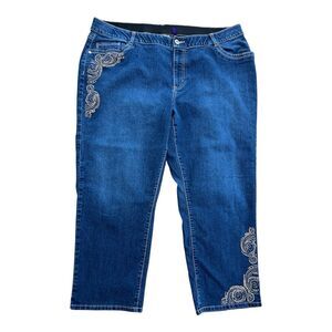 Catherines Capri 24W Petite Jeans Embroidered Embellished Dark Wash Stretch Plus
